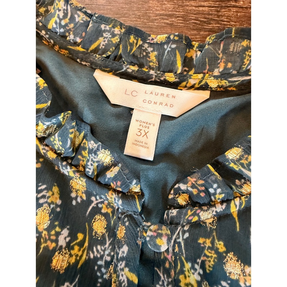 LC Lauren Conrad Floral Gold Foil Ruffle Neck Puff Sleeve Blouse 3X Plus - Picture 5 of 11